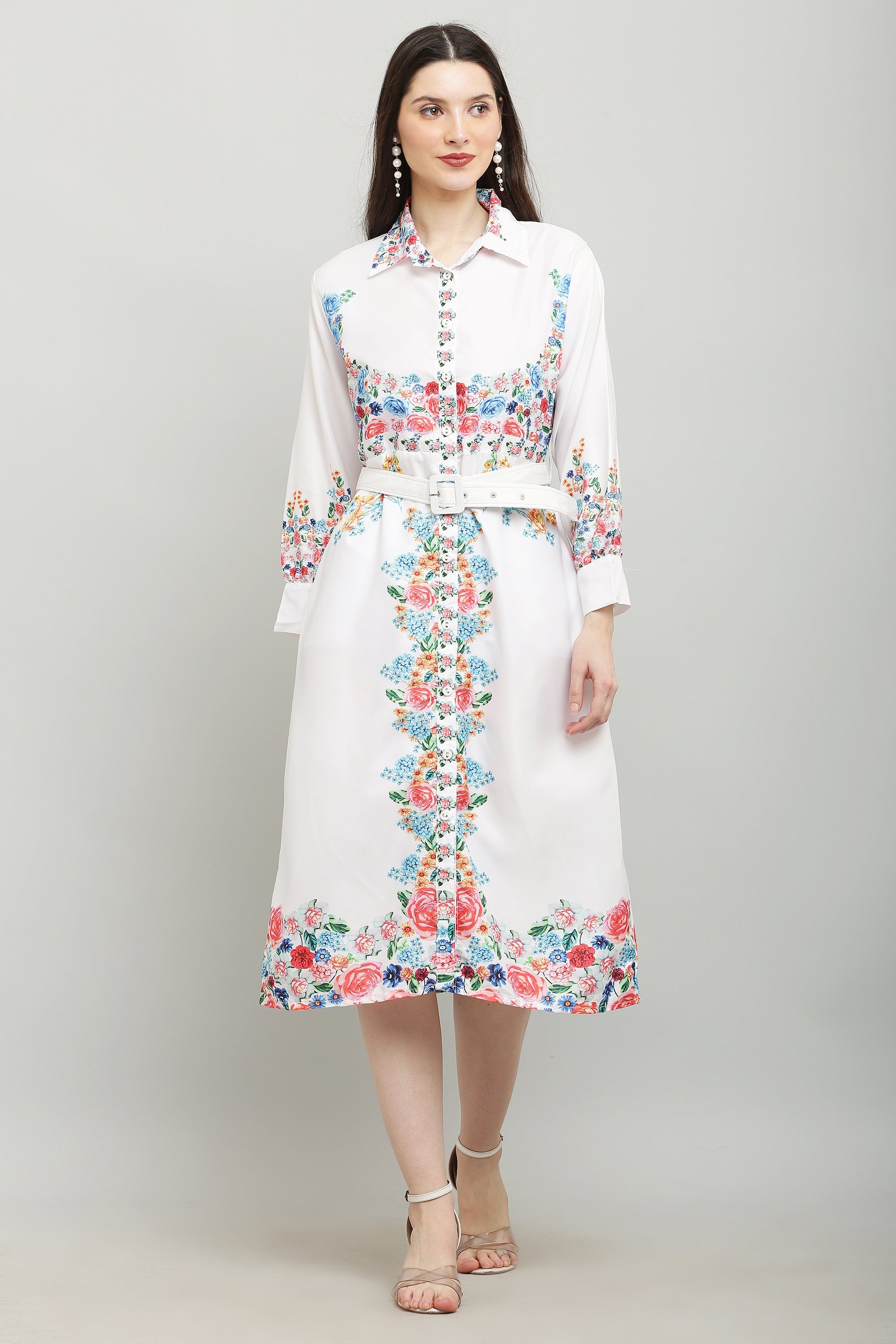 PAVONINE Cat Flower Digital Print White Color A-Line Dress For Women