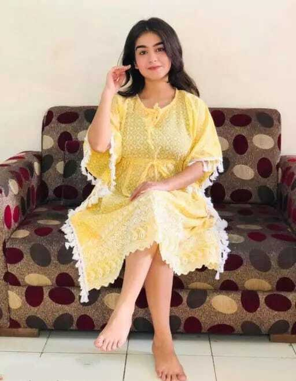 PAVONINE Yellow Color Embroidery Kaftan Dress For Women