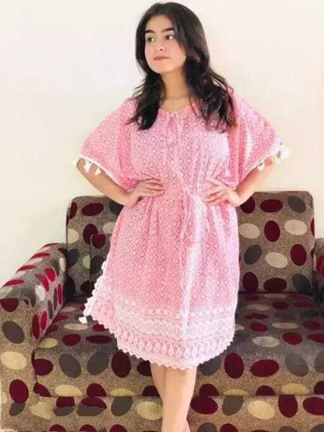 PAVONINE Peach Color Embroidery Kaftan Dress For Women