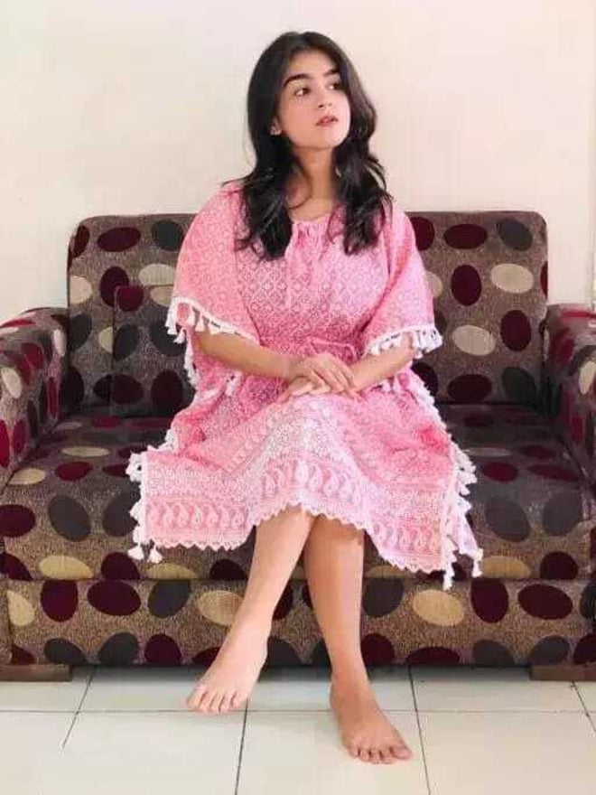 PAVONINE Peach Color Embroidery Kaftan Dress For Women