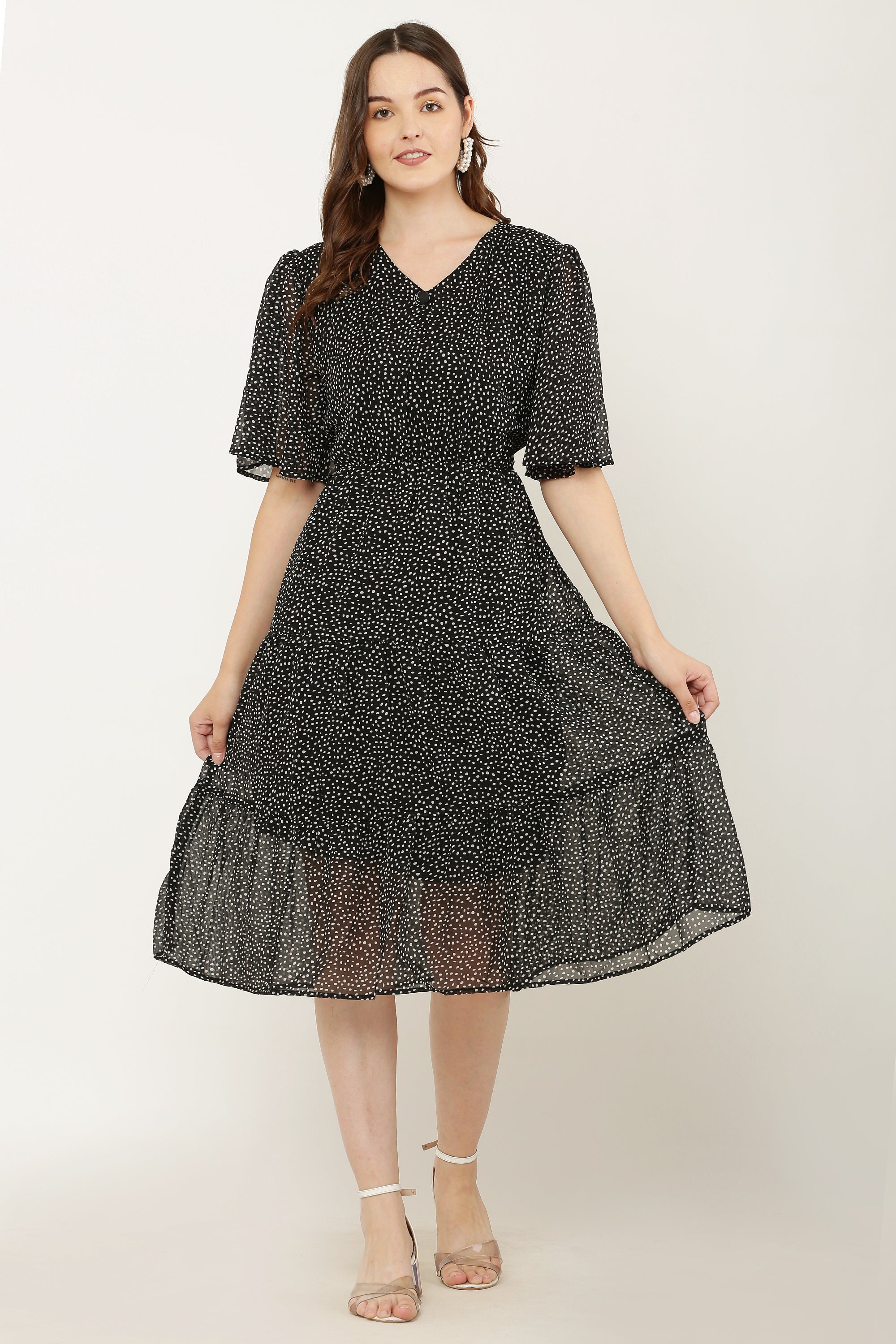 PAVONINE Micro Dots V-Neck Georgette Fabric Black Dress For Women