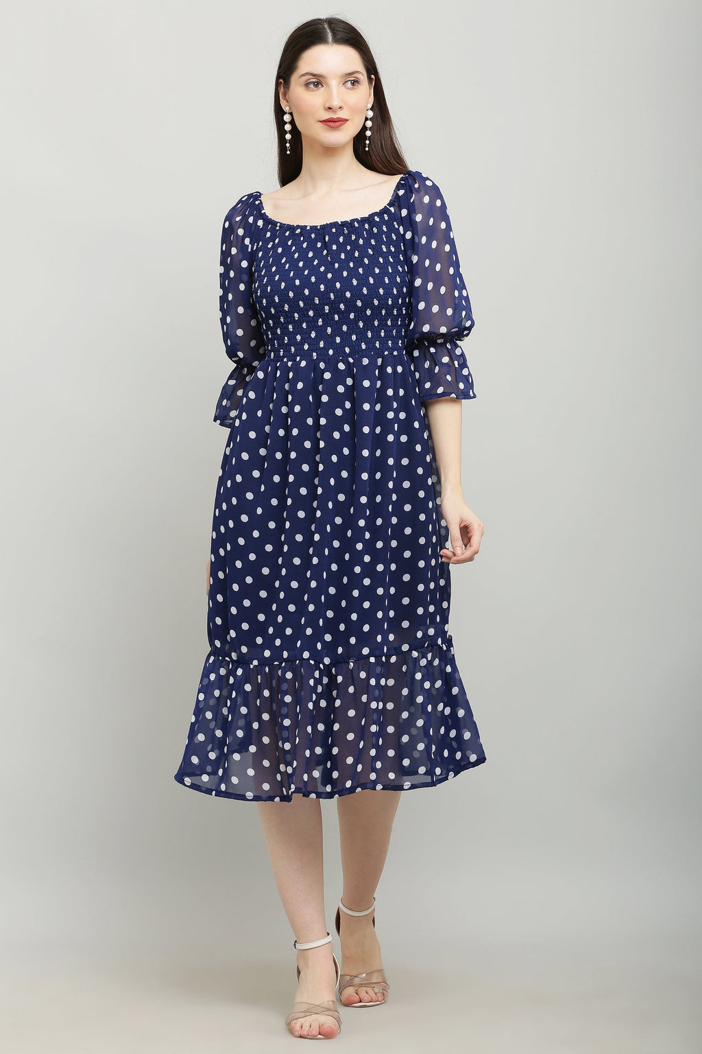 PAVONINE Polka Dots Body Kansai Navy Blue Dress For Women