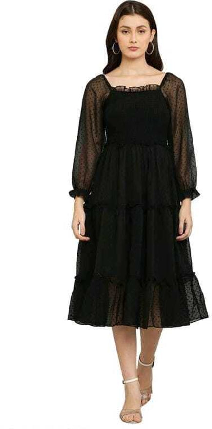 PAVONINE Buta-Design With Square-Neck Black Dress For Girls & Women