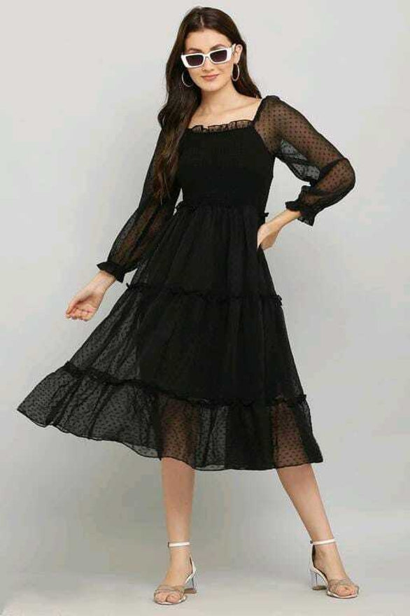 PAVONINE Buta-Design With Square-Neck Black Dress For Girls & Women