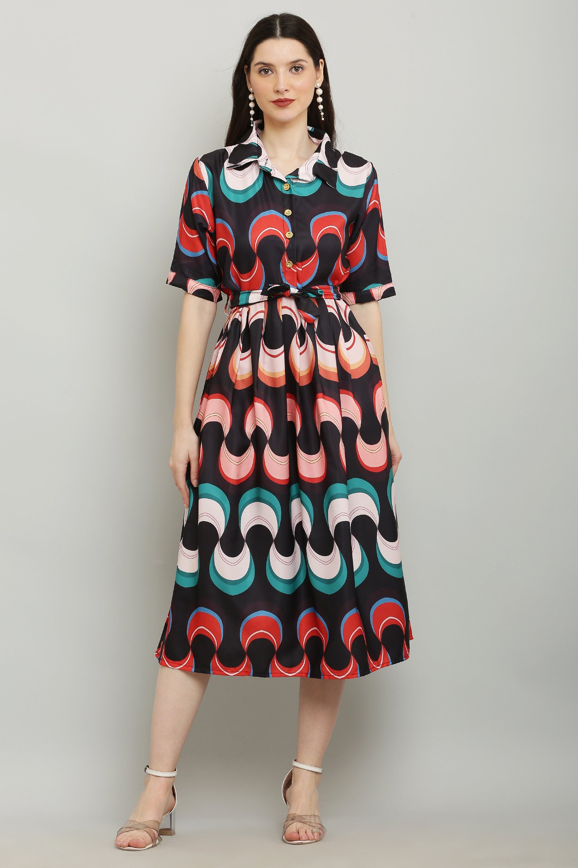 PAVONINE Zig-Zag Multi-Colors Printed Crepe Fabric Black Dress For Women