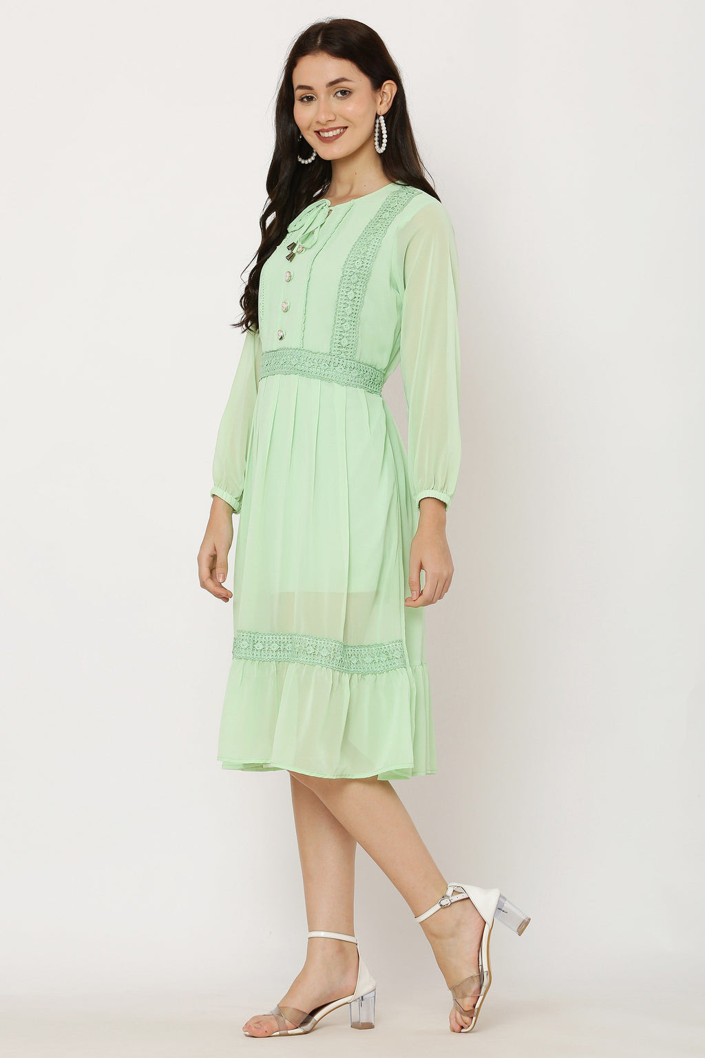 PAVONINE Pista Color Georgette Fabric Lace Inserts Dress For Girls