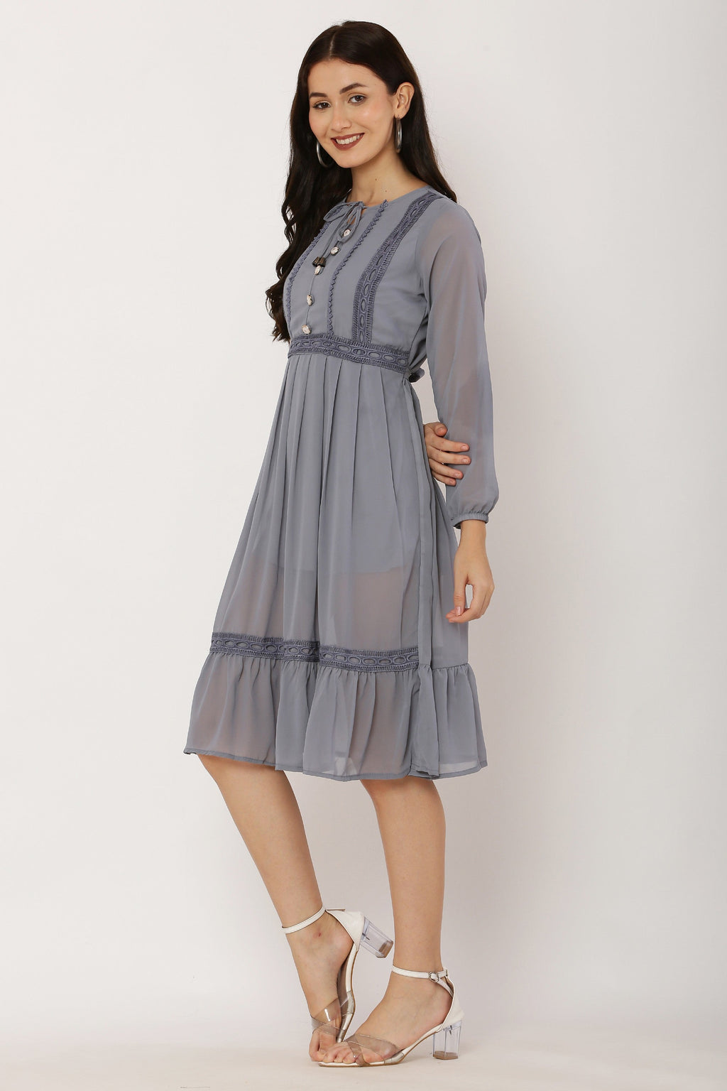 PAVONINE Grey Color Georgette Fabric Lace Inserts Dress For Girls