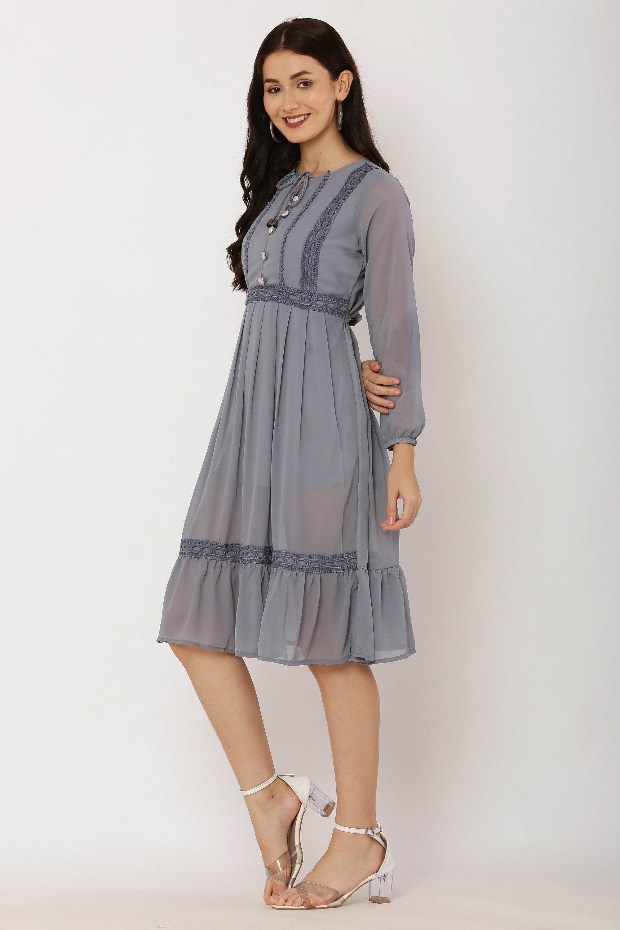 PAVONINE Grey Color Georgette Fabric Lace Inserts Dress For Girls