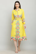 PAVONINE Cat Flower Digital Print Yellow Color A-Line Dress For Women