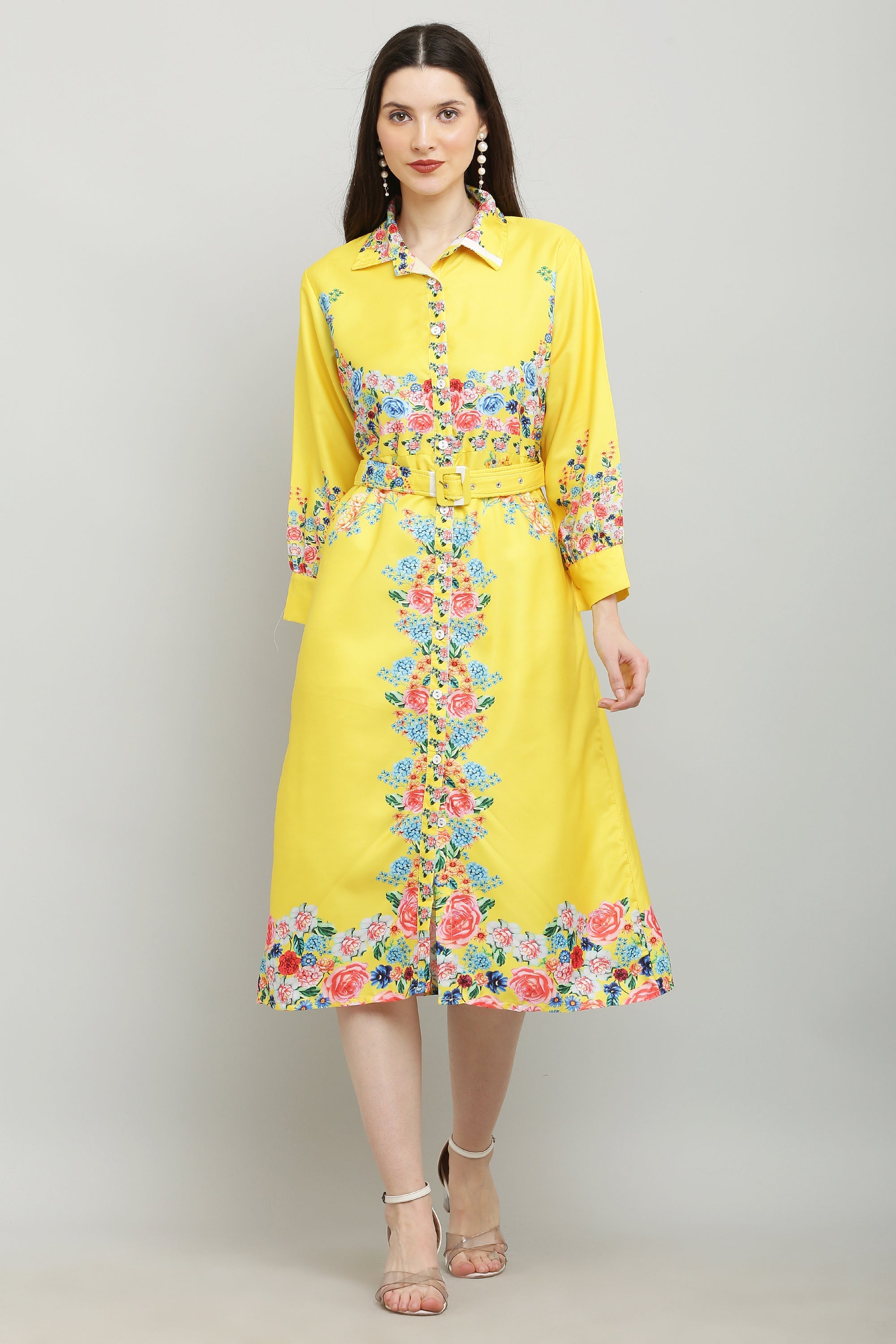 PAVONINE Cat Flower Digital Print Yellow Color A-Line Dress For Women