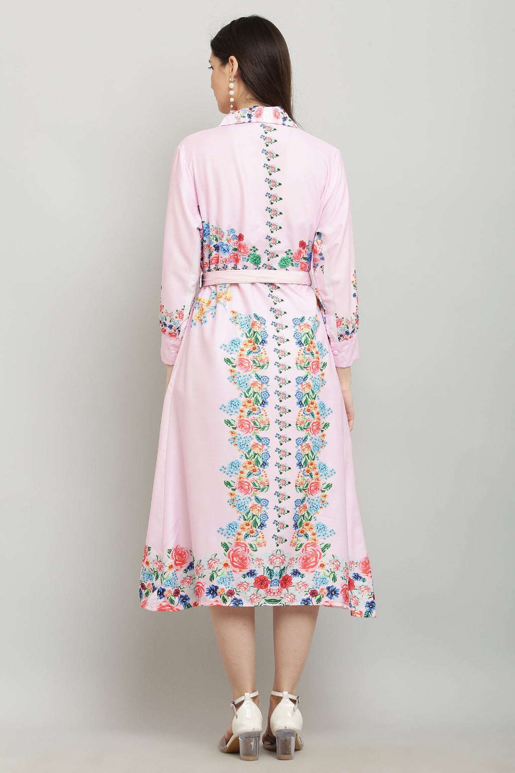 PAVONINE Cat Flower Digital Print Pink Color A-Line Dress For Women