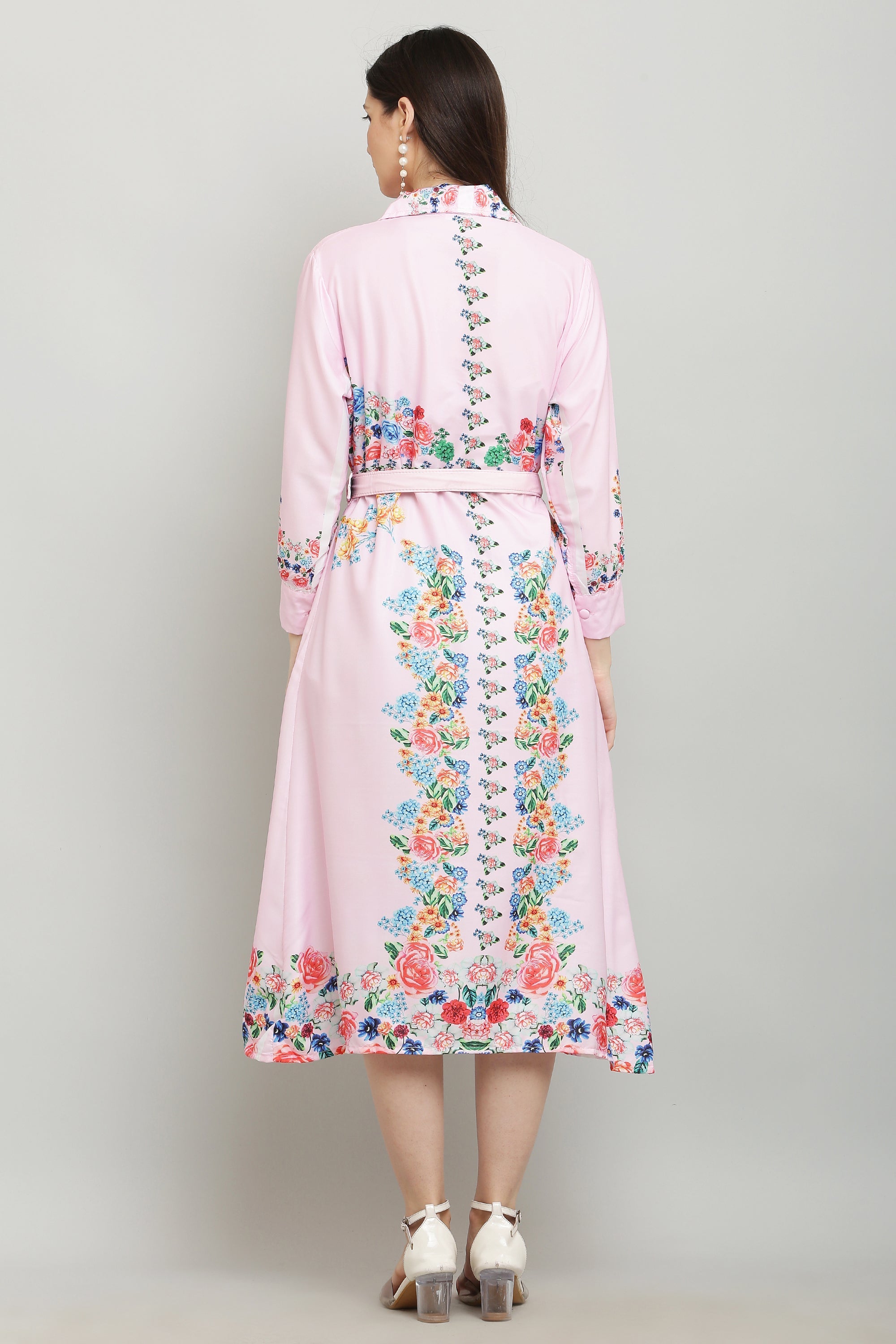 PAVONINE Cat Flower Digital Print Pink Color A-Line Dress For Women