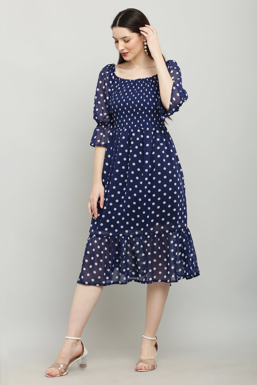 PAVONINE Polka Dots Body Kansai Navy Blue Dress For Women