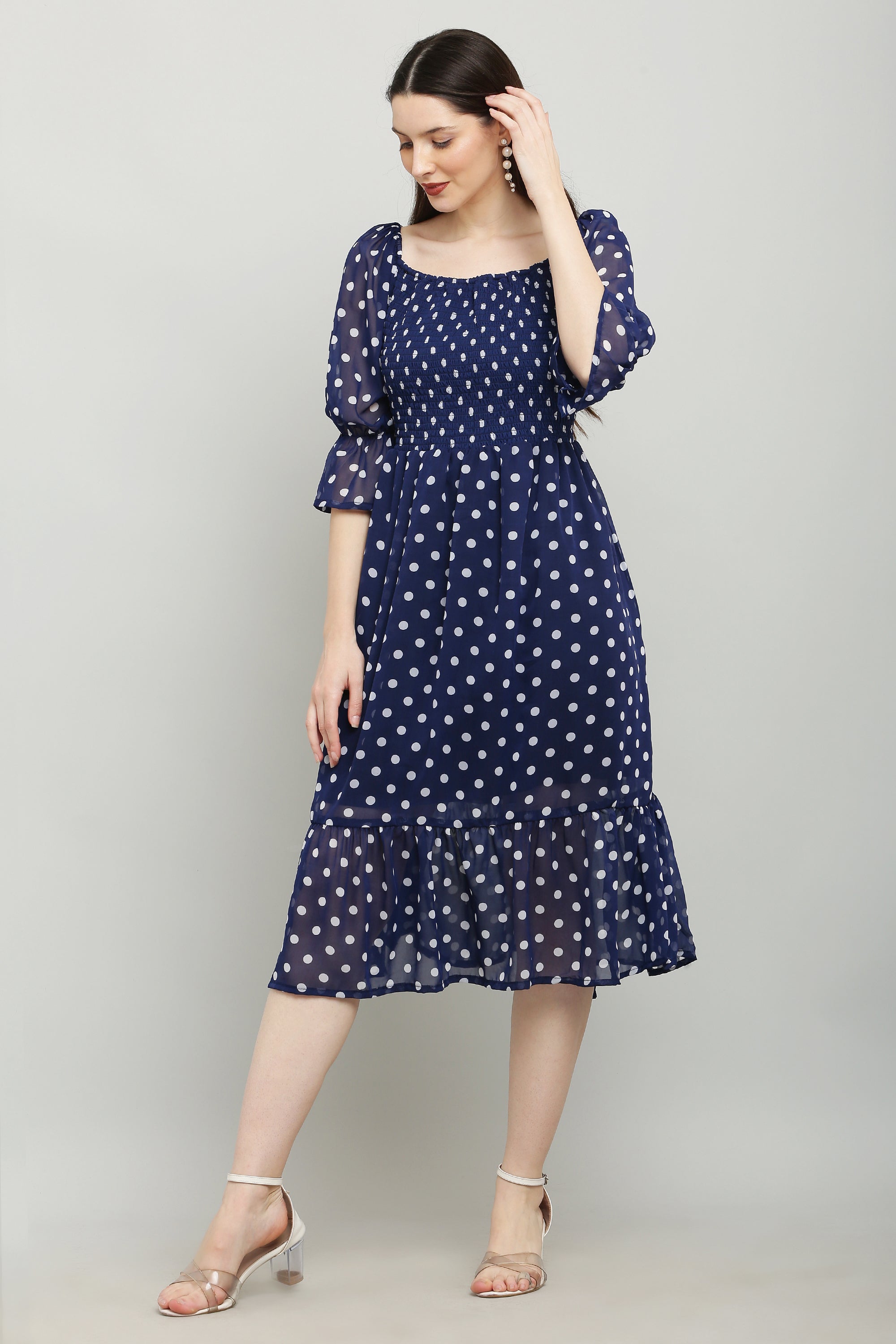 PAVONINE Polka Dots Body Kansai Navy Blue Dress For Women