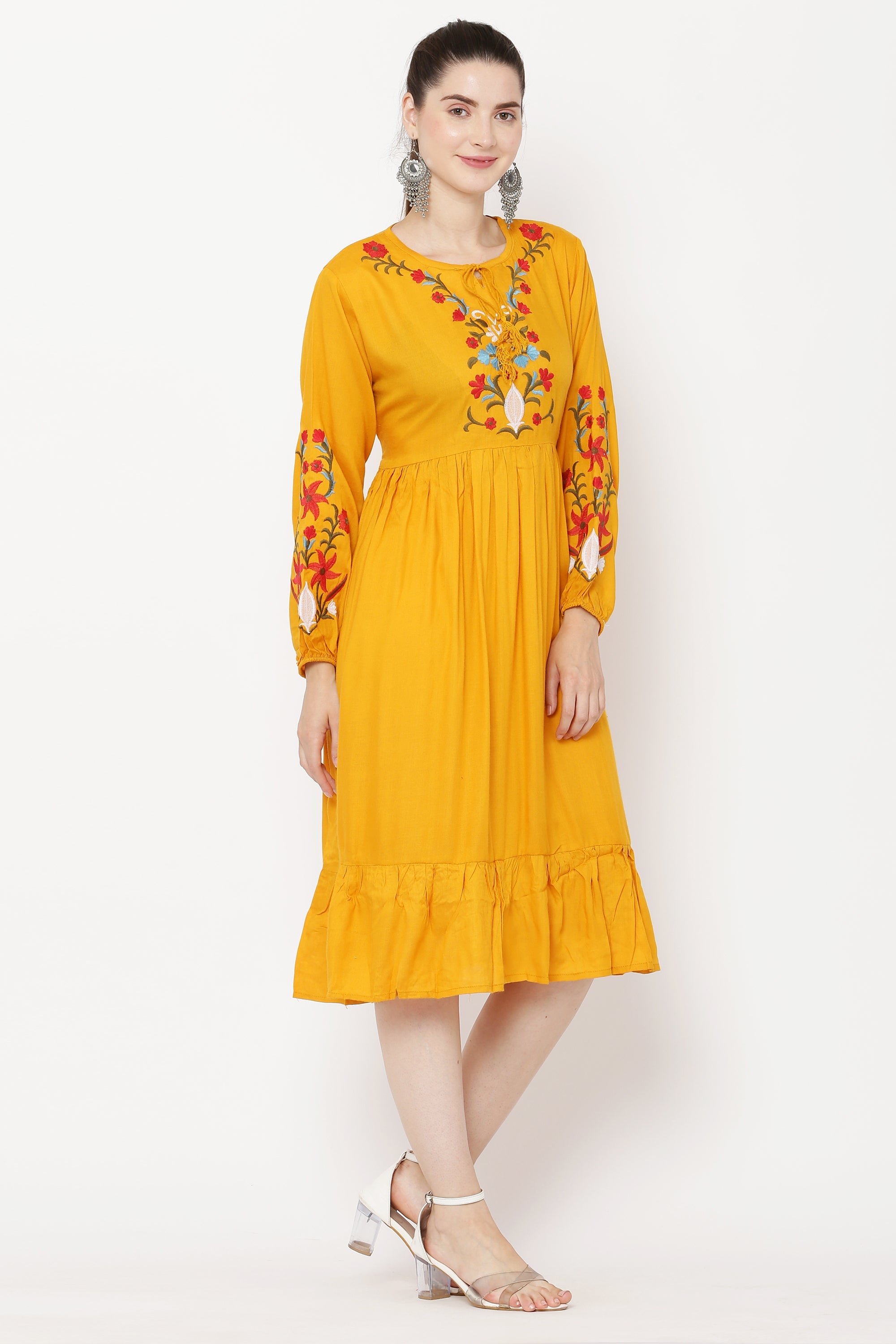 PAVONINE Mustard Color Flower Embroidery Dress For Women