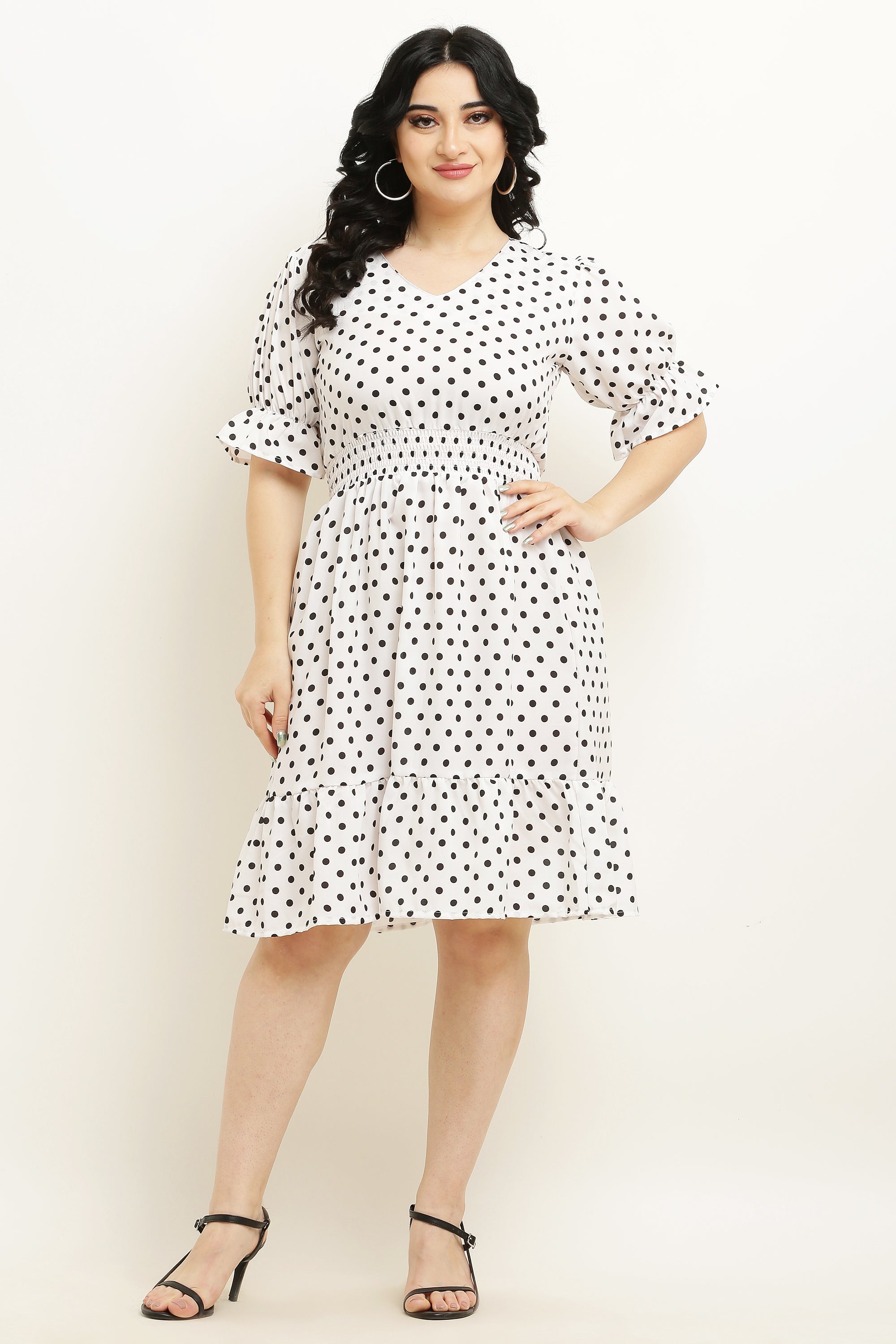 PAVONINE Micro Dots Waist Kansai Crepe Fabric White Midi For Girls
