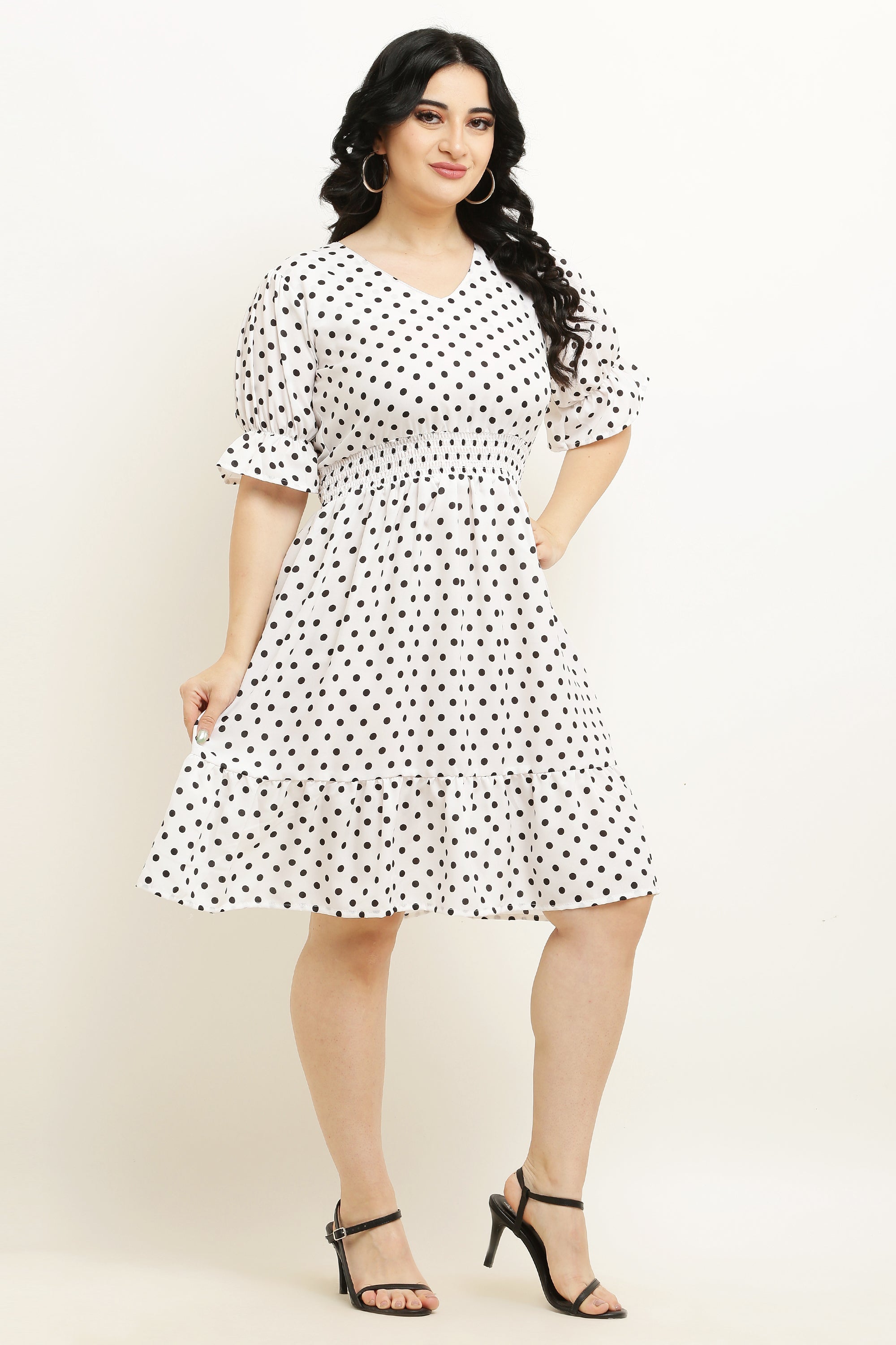 PAVONINE Micro Dots Waist Kansai Crepe Fabric White Midi For Girls