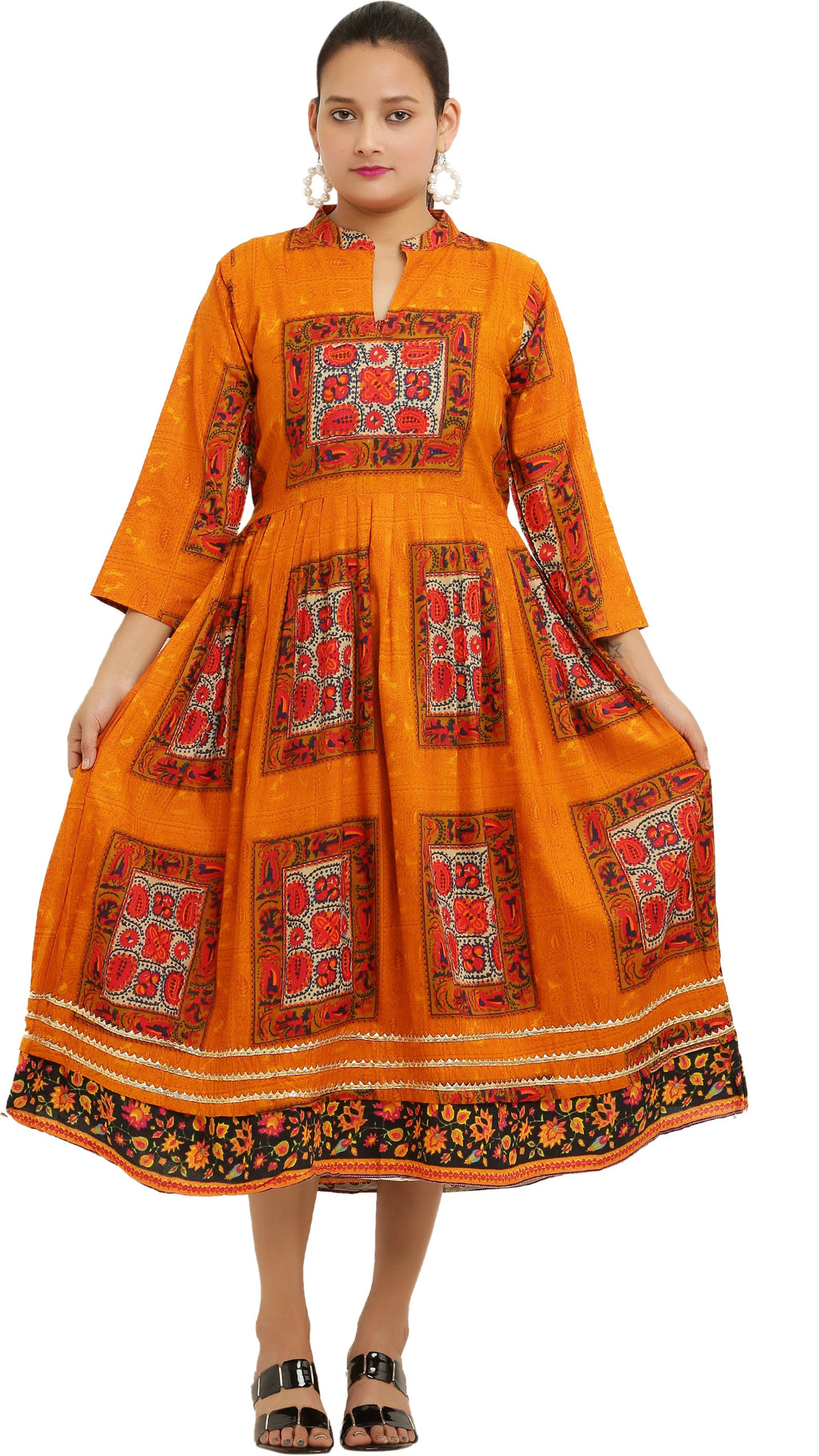 PAVONINE Jaipuri Block Print Mustard Color Dress For Girls & Women