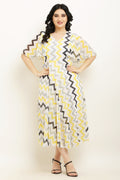 PAVONINE Zig-Zag Printed Georgette Fabric Yellow Dress For Women