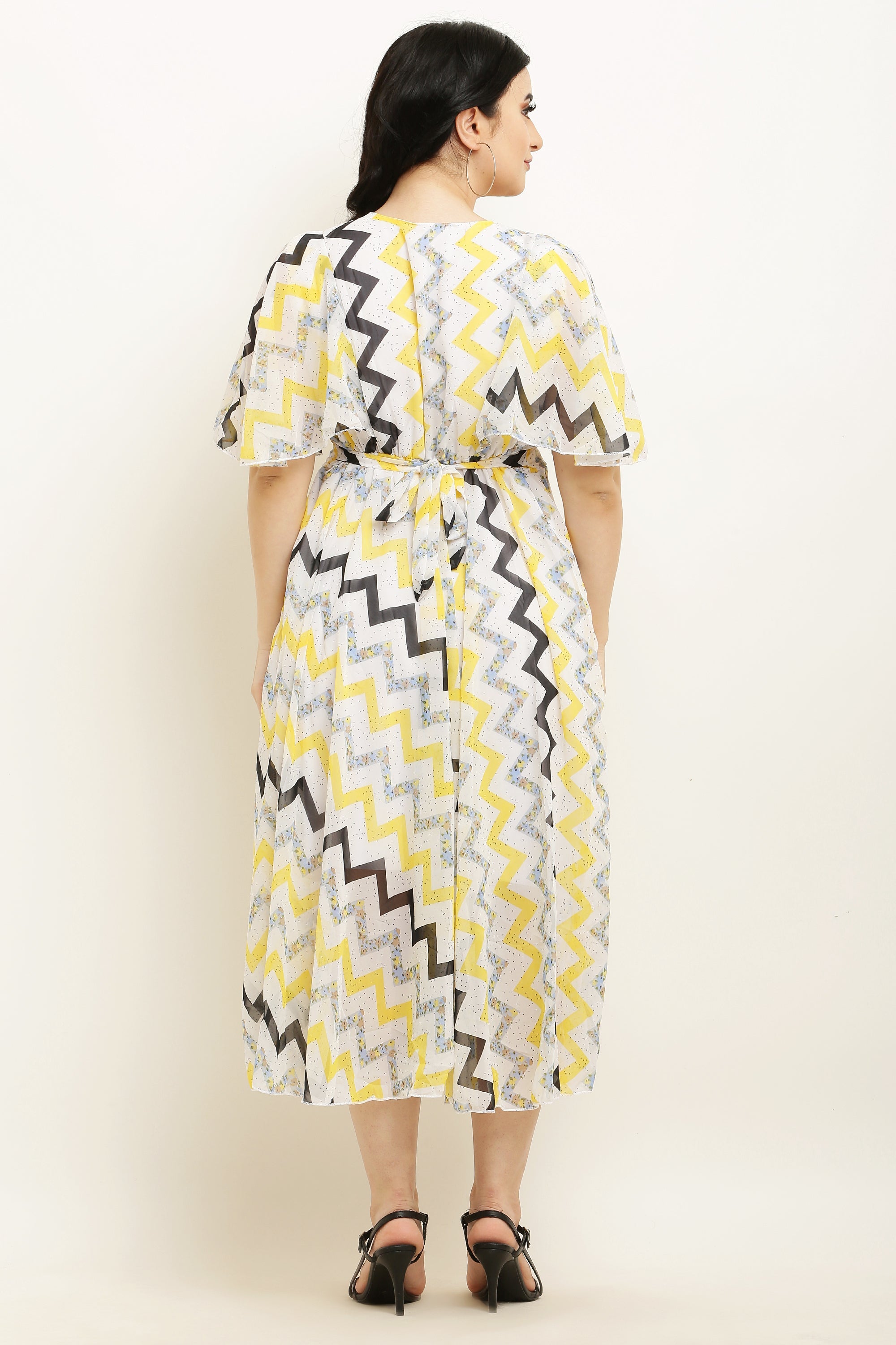 PAVONINE Zig-Zag Printed Georgette Fabric Yellow Dress For Women