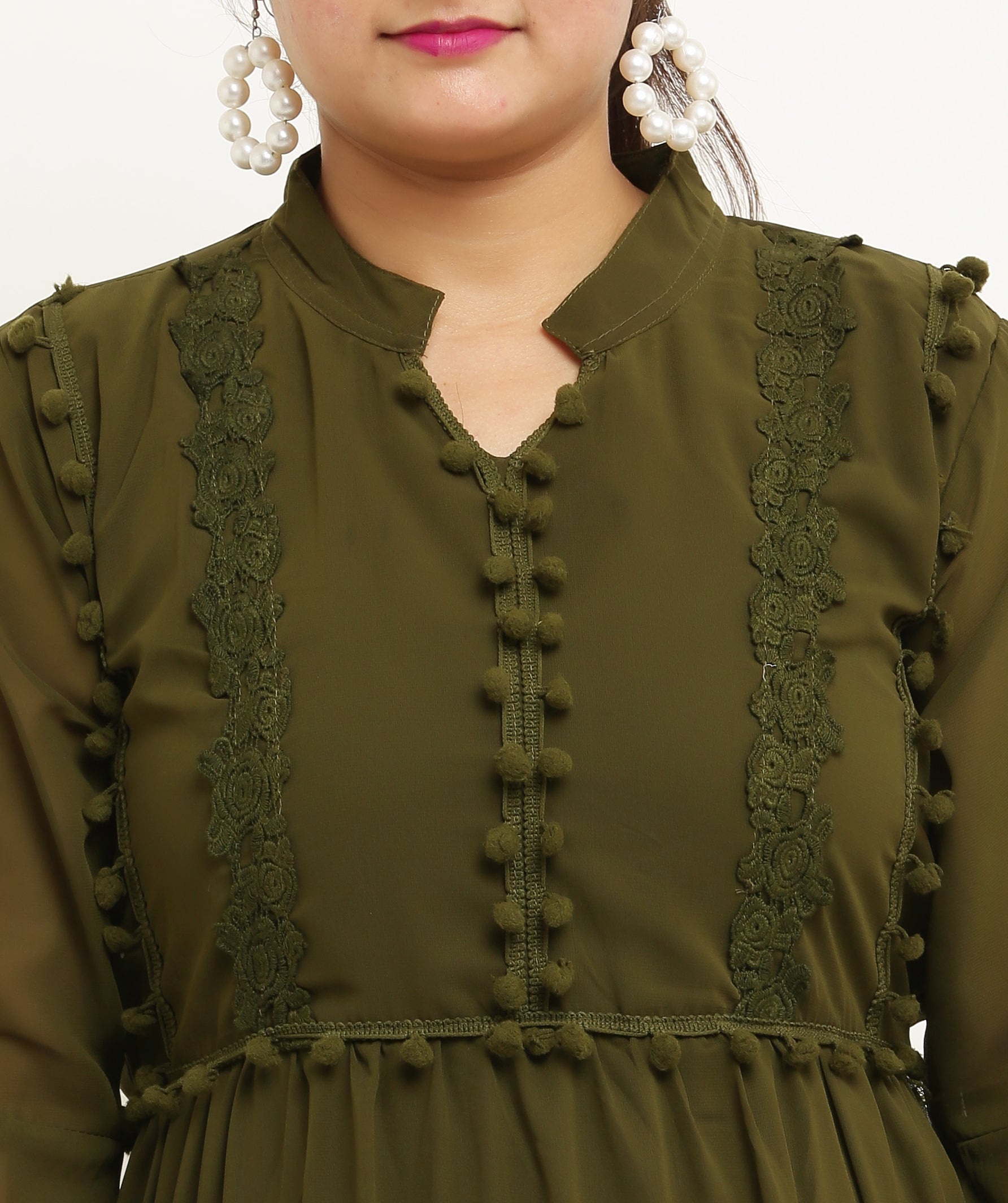 PAVONINE Pum Pum & Lace Inserted Mehandi Color Dress For Girls & Women