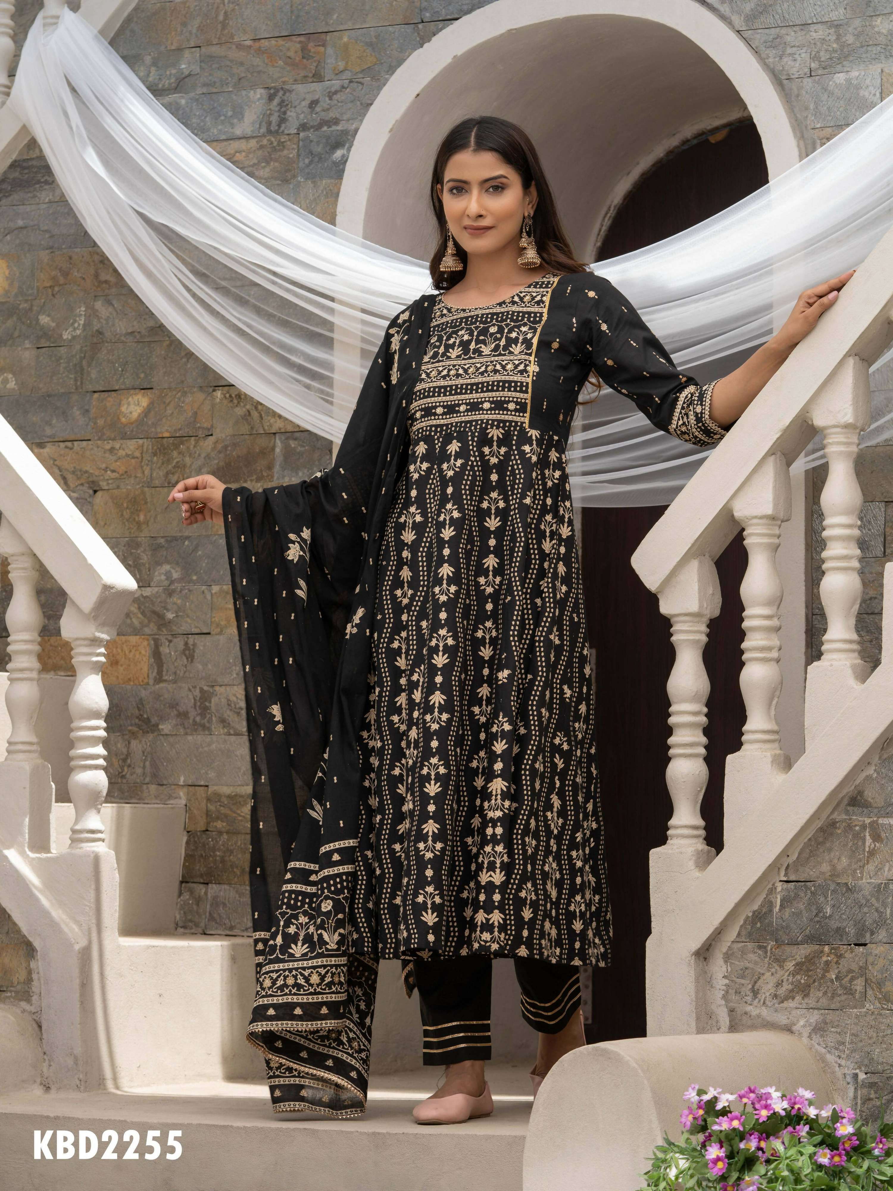 Black Cotton Cambric Printed with Sequins work Anarkali Kurta with Pant & Dupatta - Akashara