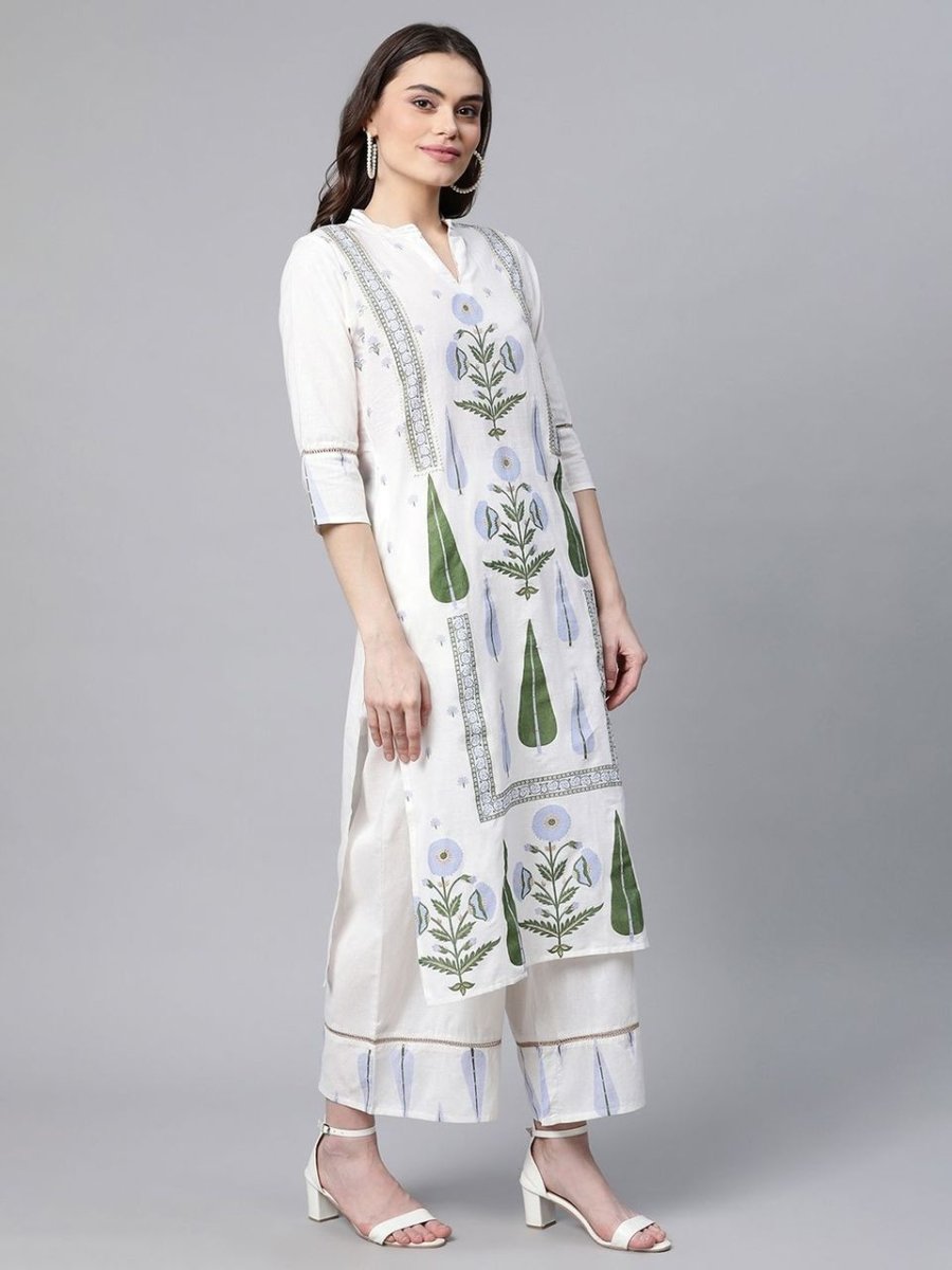 Ahalyaa Women Off White Colour Pure Cotton Printed Kurta Palazzo Set With Dupatta