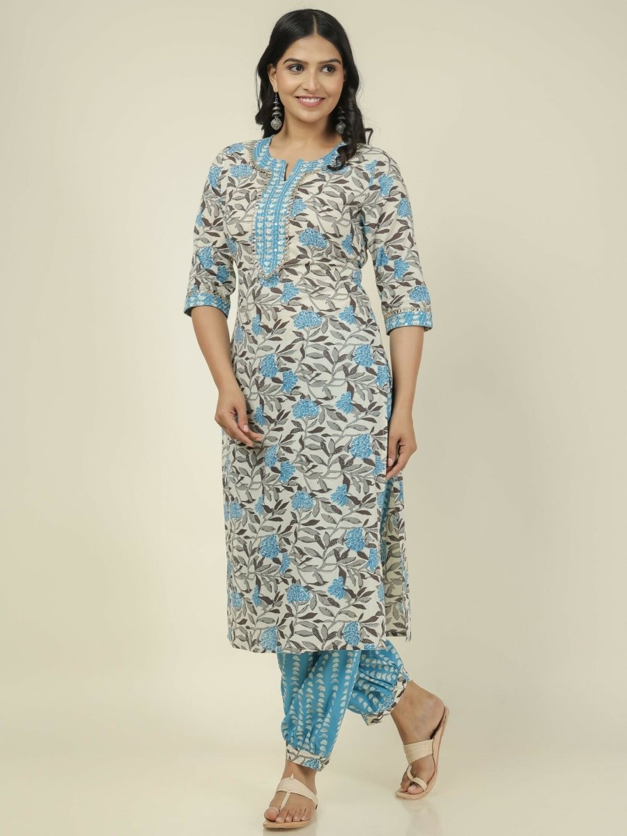 Aramya Cream Soft Cotton Floral Print Straight Kurta Set for Women