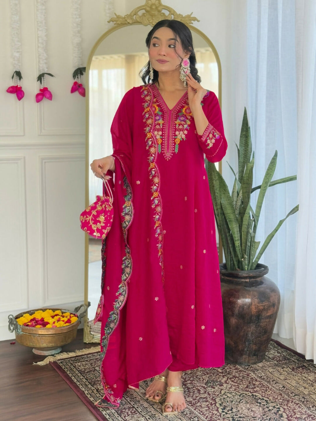 The52 Rani Women's Beautiful Embroidered Work Vichitra Silk Fabric Straight Kurta Pant and Dupatta Set