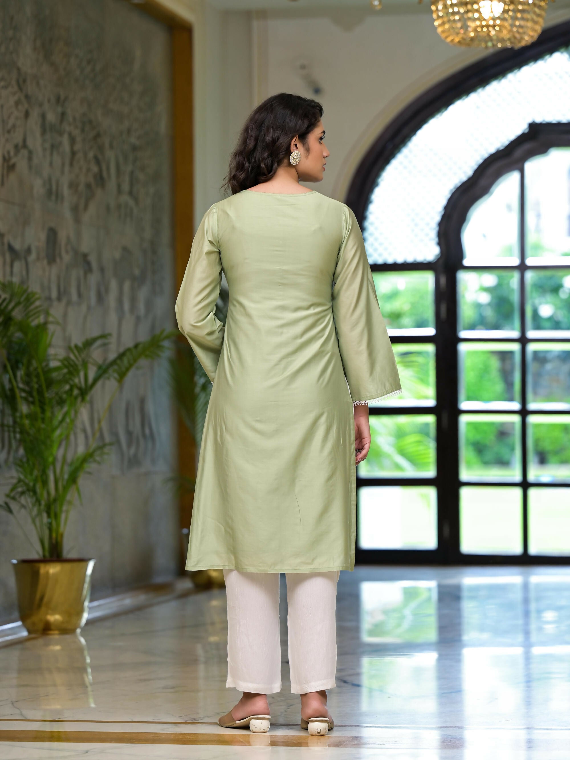 Juniper Women's Olive Thread Embroidered Viscose Kurta Palazzo And Dupatta Set With Thread & Mirror Work