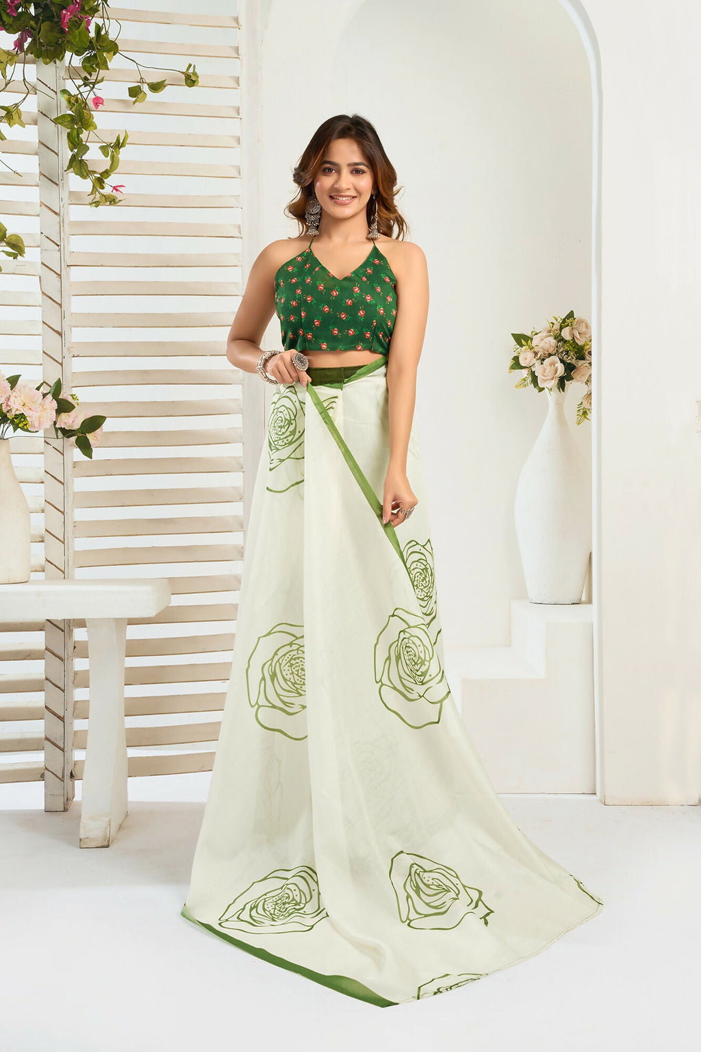 Vastranavya Green Digital Printed Linen Ready To Wear Designer Saree with Unstitched Blouse