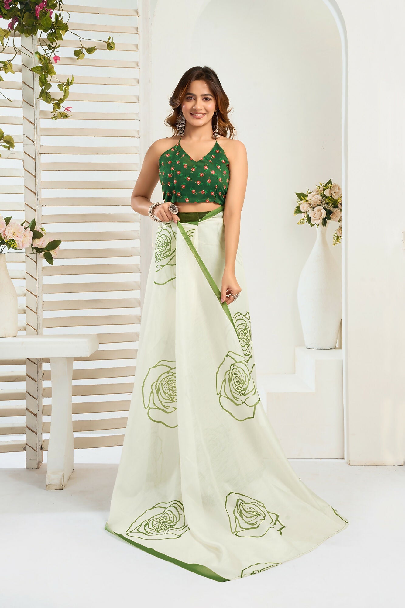 Vastranavya Green Digital Printed Linen Ready To Wear Designer Saree with Unstitched Blouse