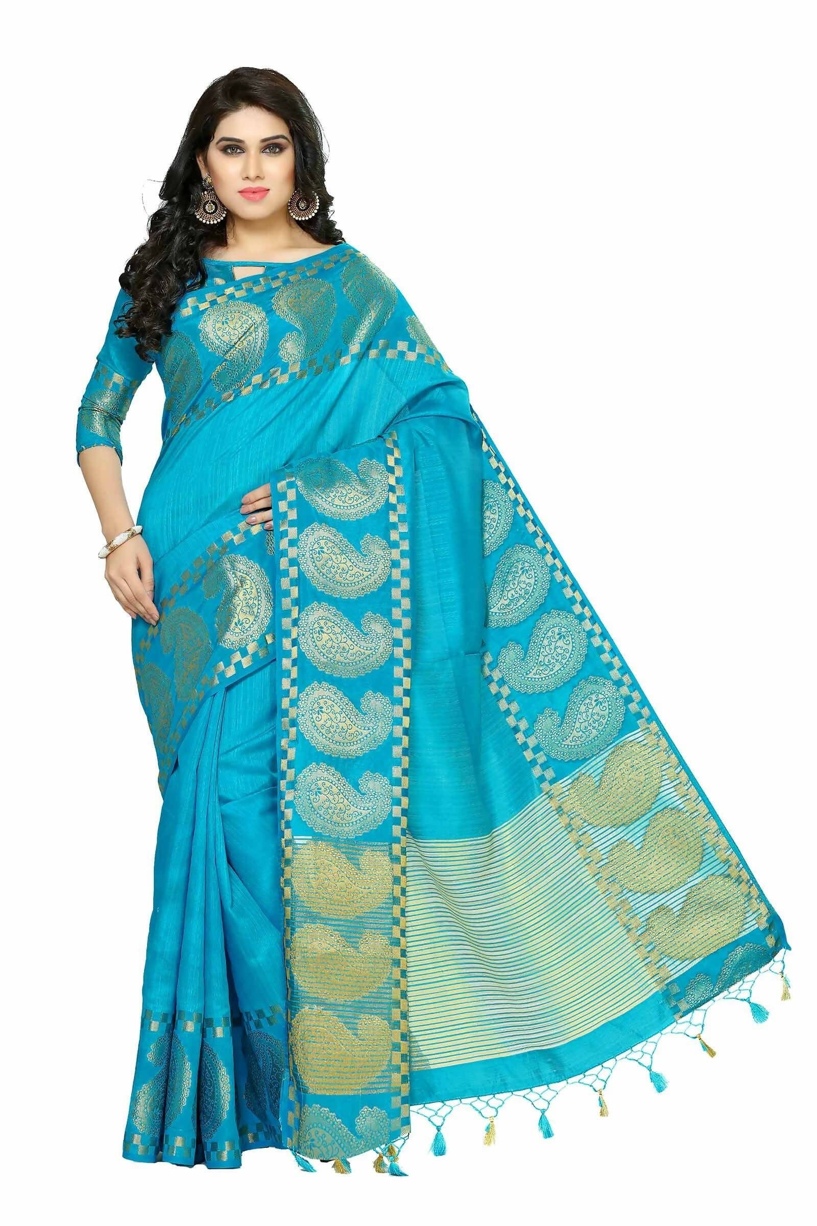 Mimosa Women's Banarasi Tussar Silk Turquoise Blue Saree