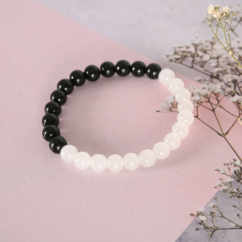 NVR Men & Women Black & White Marbel Crystal Elasticated Bracelet