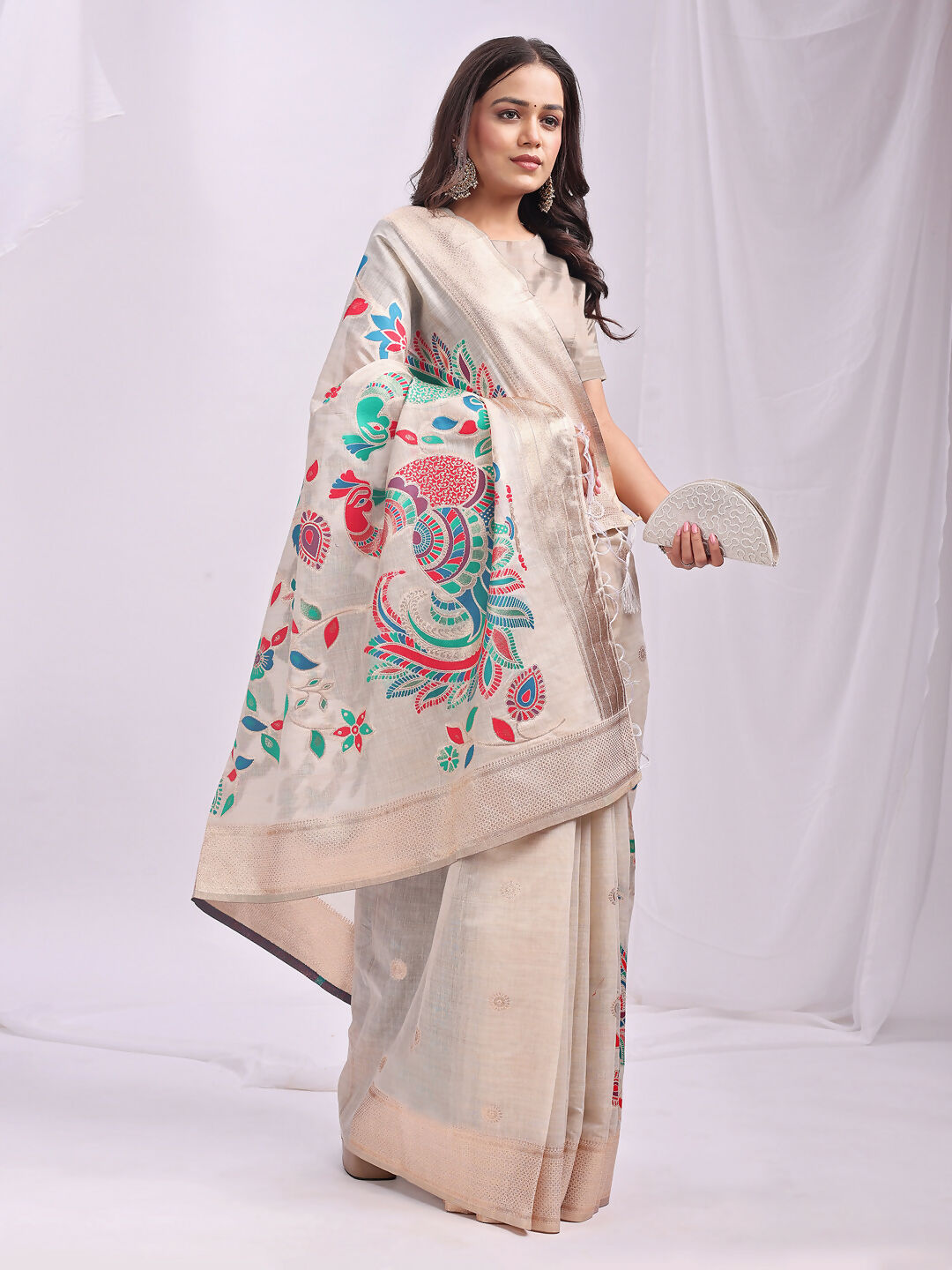 Shree Shyam Fashion Linen Cotton Cream Saree