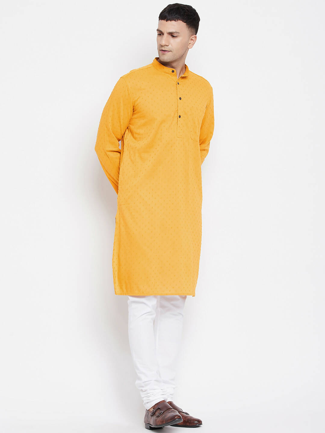Even Apparels Yellow Color Pure Cotton Men's Kurta With Band Collar