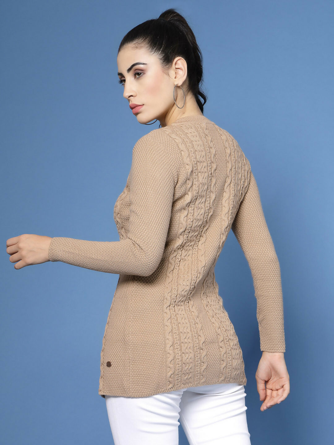 Women Self Design Camel Brown Acrylic Winter Cardigan - Wool Trees