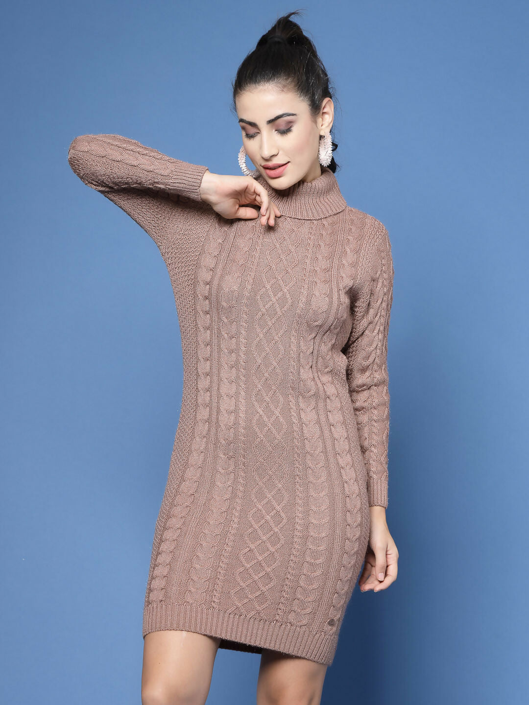 Women Camel Brown Acrylic Self Design Winter Dress - Wool Trees