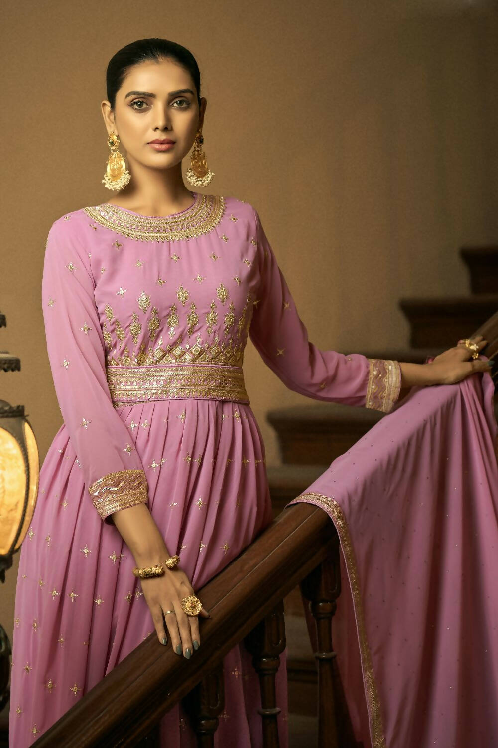 Lavender Heavy Faux Georgette Anarkali Embroidered Kurta Set - Dhvani