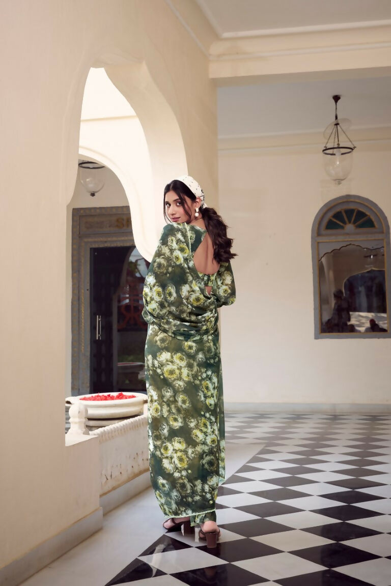 Vastranavya Mehendi Weightless Marble Printed & Pearl Lace Border Saree with Unstitched Blouse