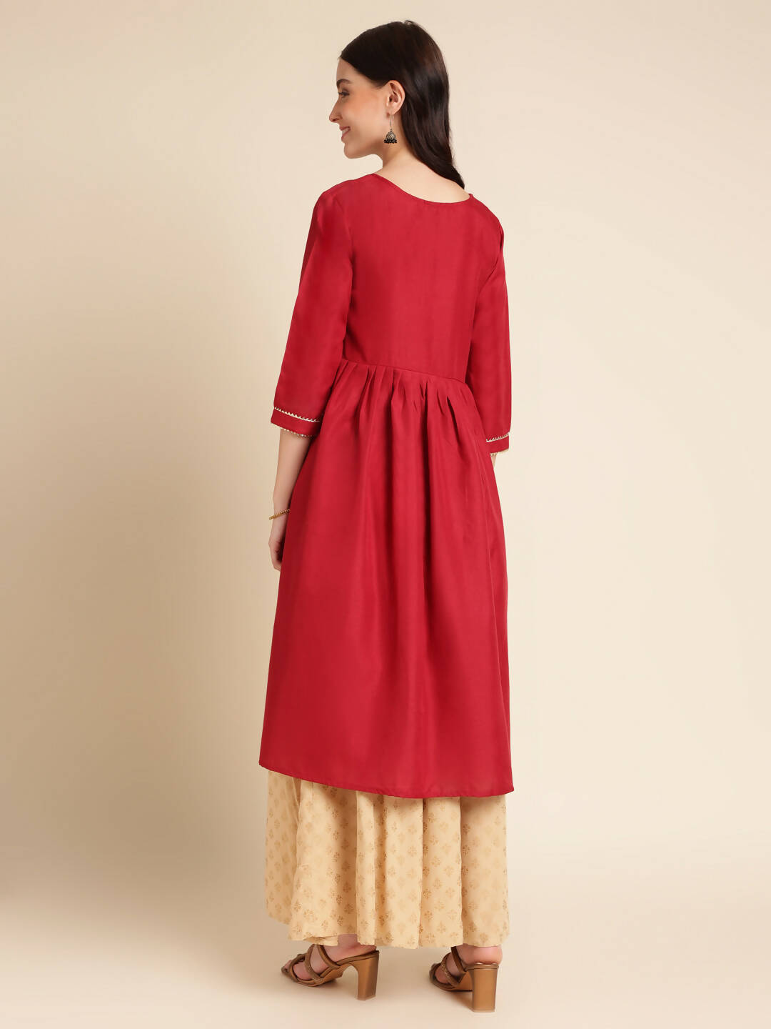 Red Poly Cotton Solid Nayra Cut Kurta - Tirtha