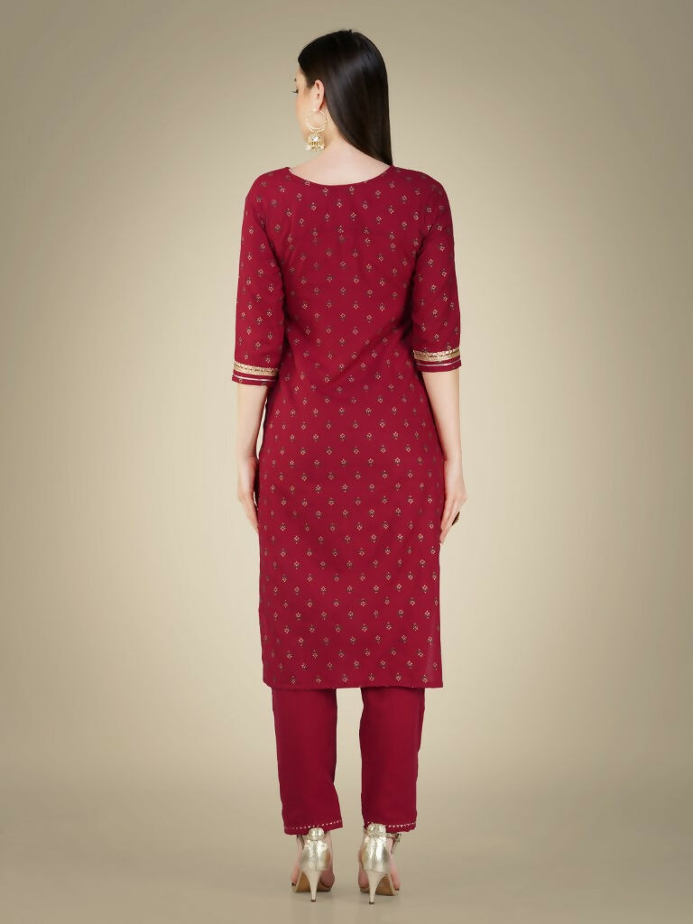 Jyoti Fashion Women's Maroon Cotton Magic Slub Embroidery & Sequence work Kurta with Trouser & Dupatta