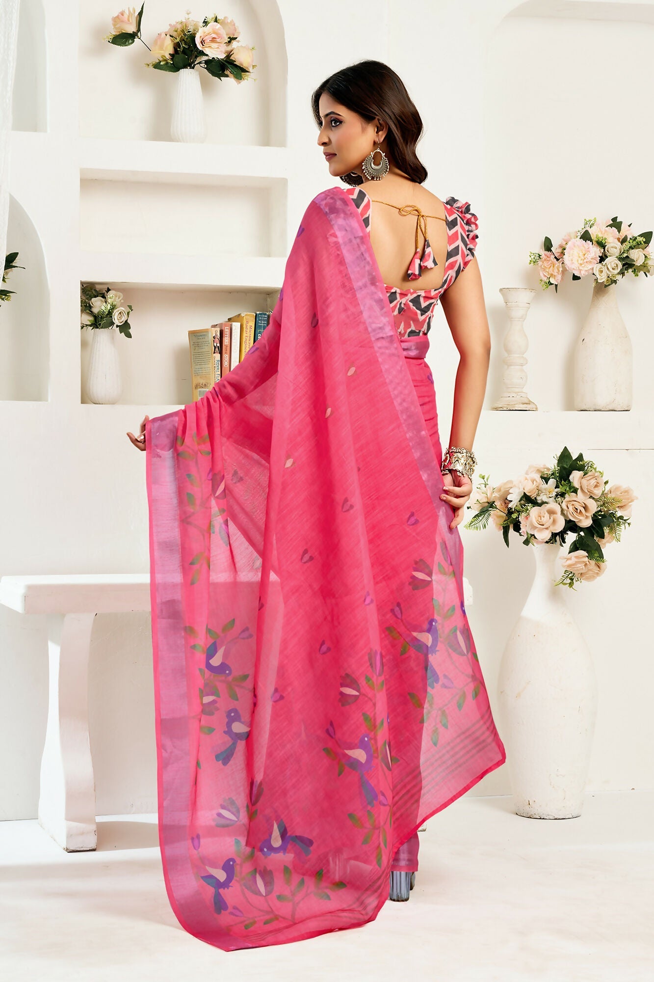 Vastranavya Pink Digital Printed Linen Ready To Wear Designer Saree with Unstitched Blouse