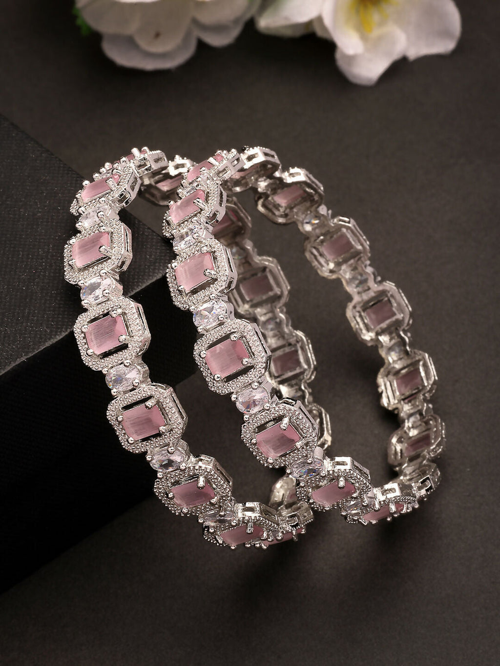 NVR Women's Set of 2 Silver-Plated Pink AD-Studded Bangles