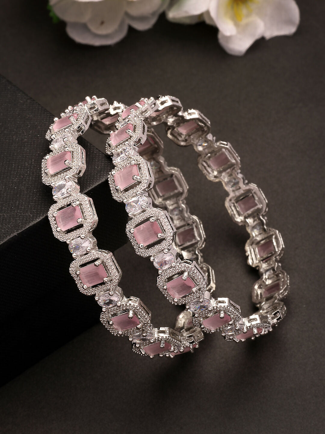 NVR Women's Set of 2 Silver-Plated Pink AD-Studded Bangles