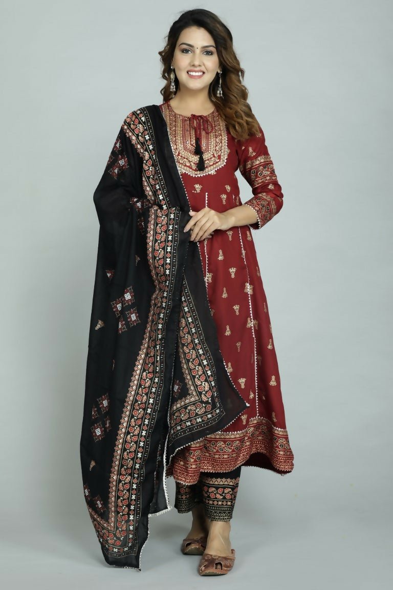 Alvano Women's Stylish Anarkali Kurti with Pant and Dupatta for Women and Girls (Maroon)