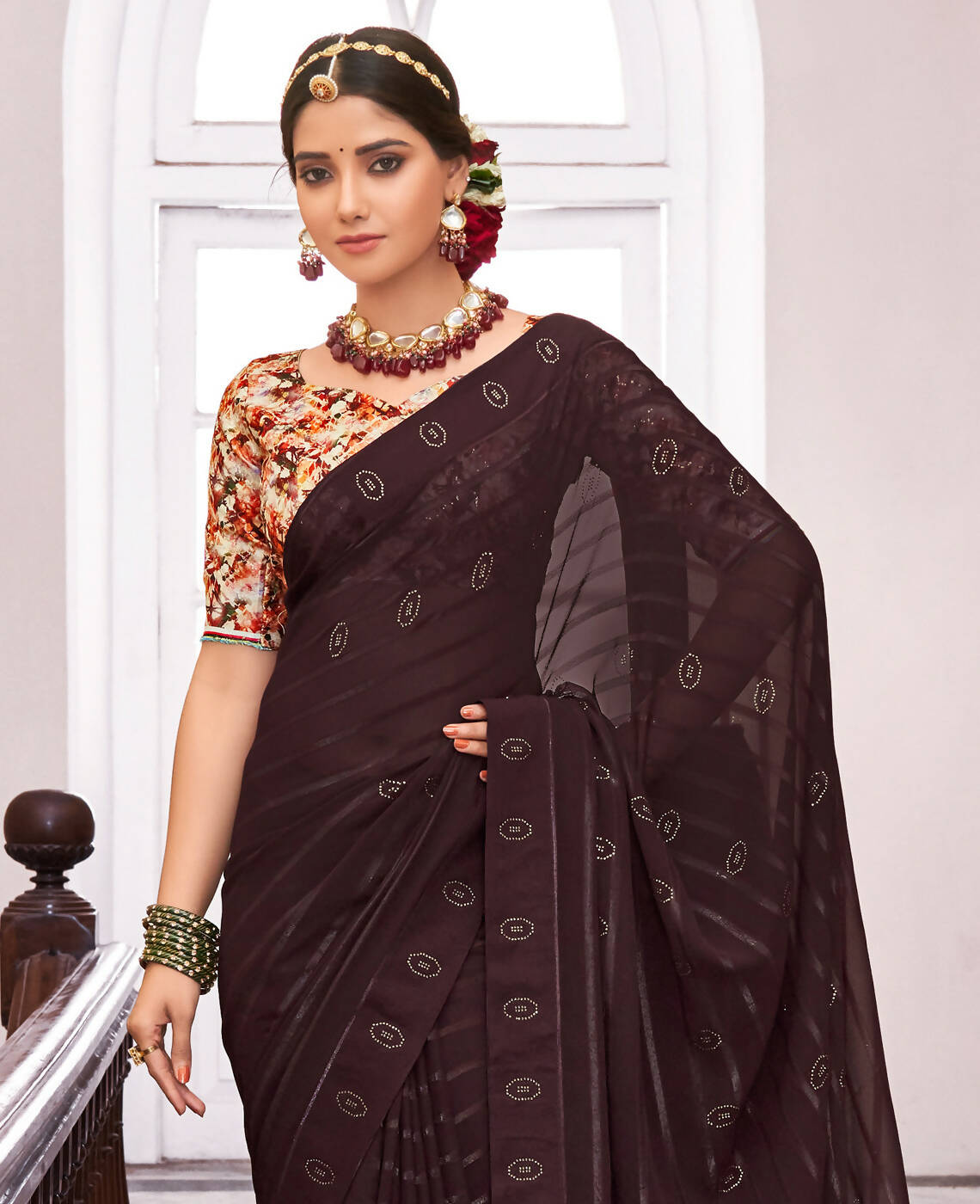 Brown Georgette Swaroski Work Saree With Unstitched Blouse Piece - Juhi