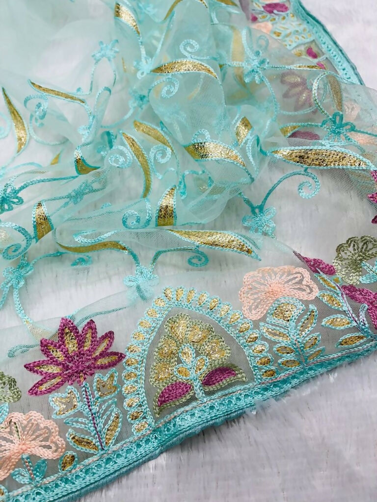 Vastranavya Soft Crush Georgette With Embroidery and Foil Multi Thread Work Saree - Turquoise
