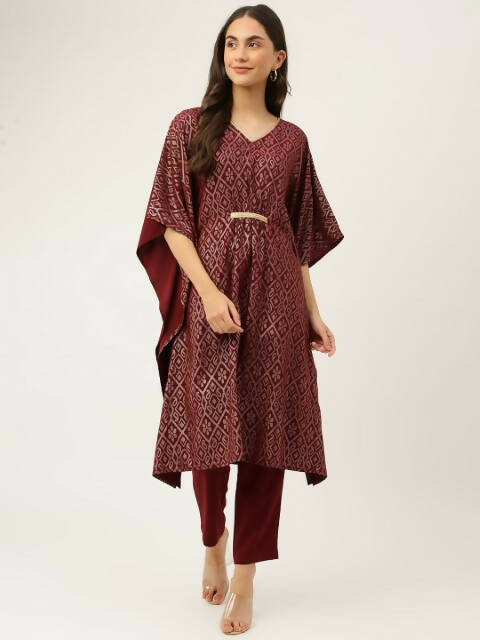FIORRA Women's Maroon Poly Crepe Kaftan Type Kurta Set