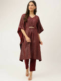 FIORRA Women's Maroon Poly Crepe Kaftan Type Kurta Set
